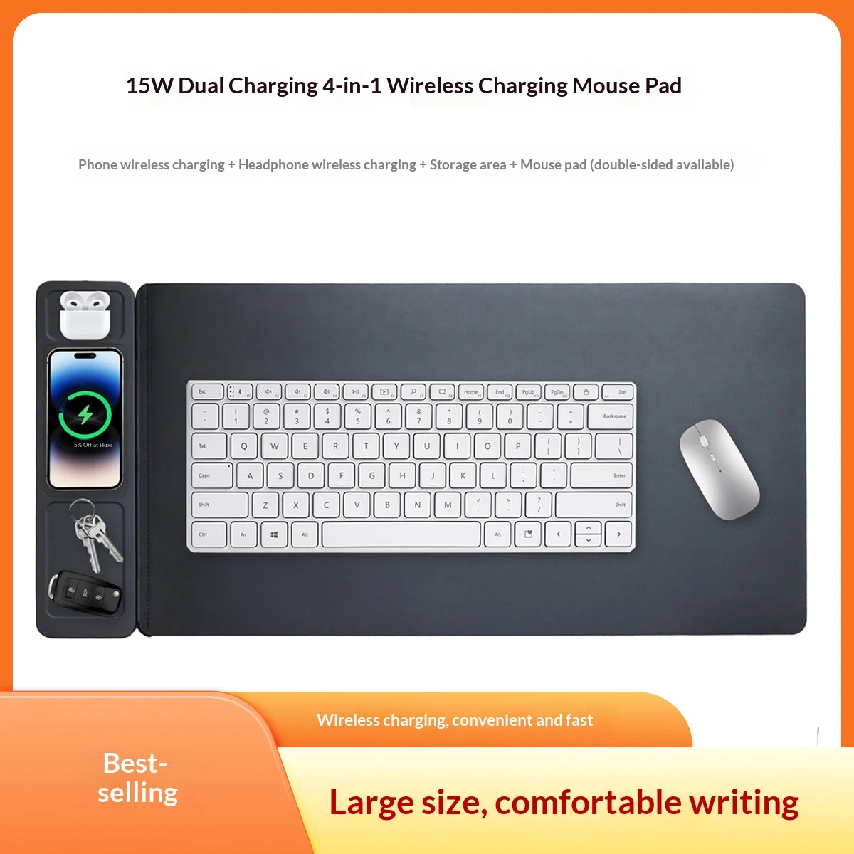 

15W 4-in-1 Wireless Charging Mouse Pad, Dual Side Desk Mat for Phone, Magnetic Foldable, Large Gaming PC Mac Roll Up Storage