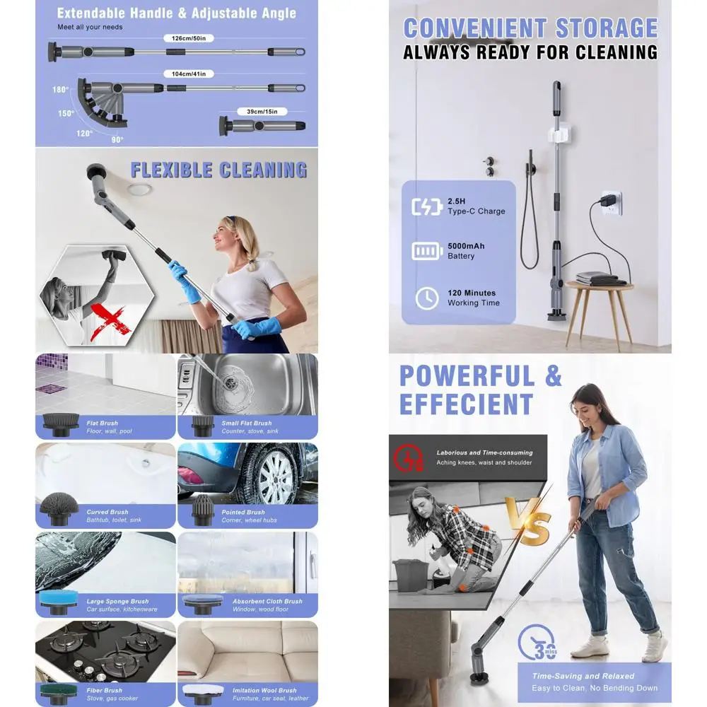 

Мощная водонепроницаемая щетка для душа с 9 насадками, крутящим моментом 50 кг, 2 скоростями, 4 углами наклона для чистки плитки