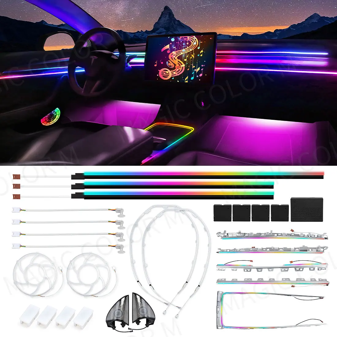 

For Tesla Model 3 Y 2021 2022 2023 2024 Ambient Light LED Atmosphere Lamps Car Interior Symphony RGB Backlight Rotating Speakers