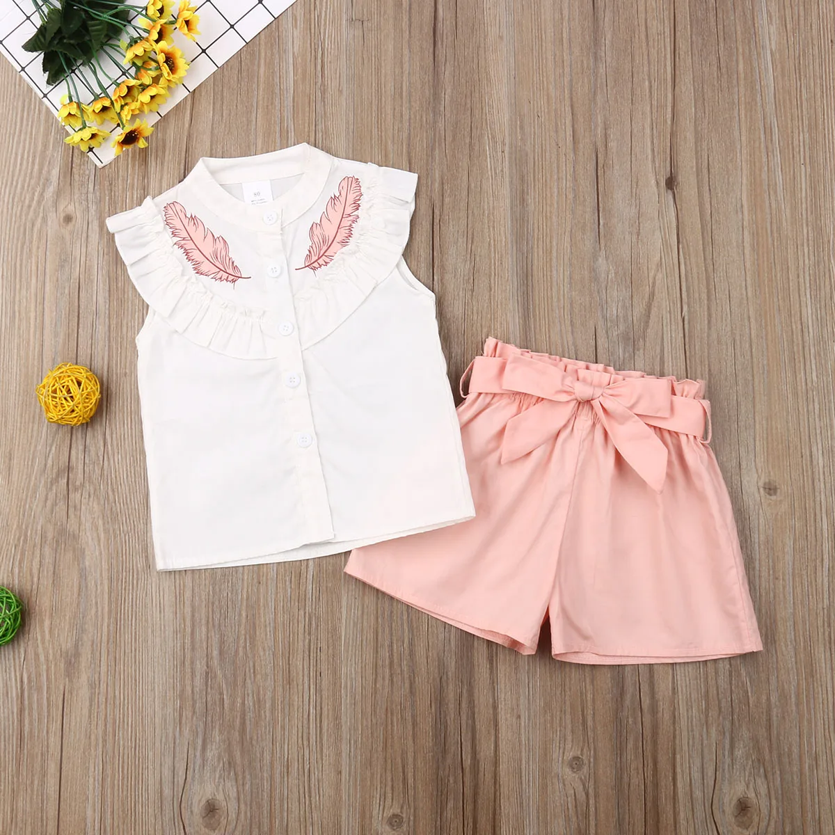 3PCS Baby Girl Summer Outfits Sets Feather Print  Ruffles Button Down Tank Top Pink Bowknot Waist Belt Shorts