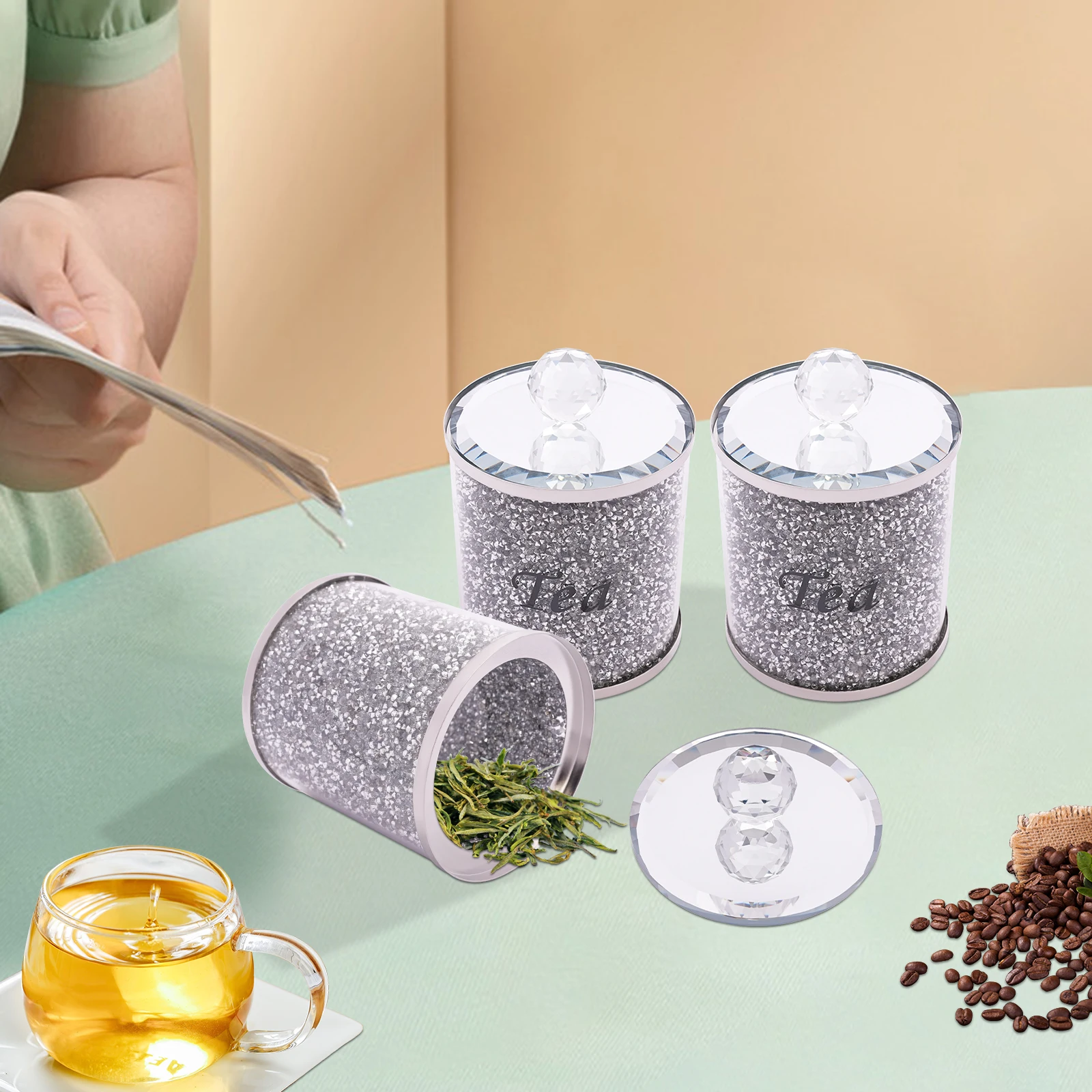 3-teiliges Kaffee-Zucker-Tee-Behälter-Set 10x14cm Moderner Glas-Kaffeebohnen-Organizer Lebensmittel-Aufbewahrungsdosen für Mehl & Snacks, Platzsparend – Detail 1