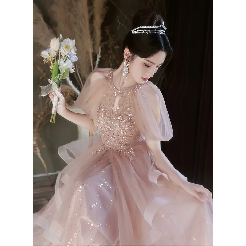 

Sweet Pink Evening Dress Elegant Halter Tulle Off Shoulder Sleeves Wedding Dresses Exquisite Applique Cake Dress Homecoming Gown