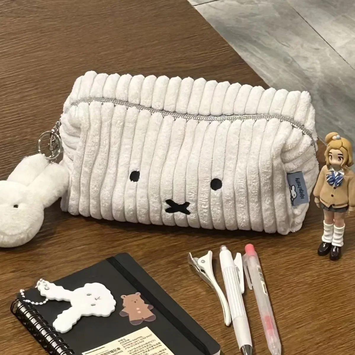 Miffy Plush Corduroy Pen Bag Large Capacity Makeup Pouch Stationery Organizer Pencil Case Simple Korean Style School Supply view 2