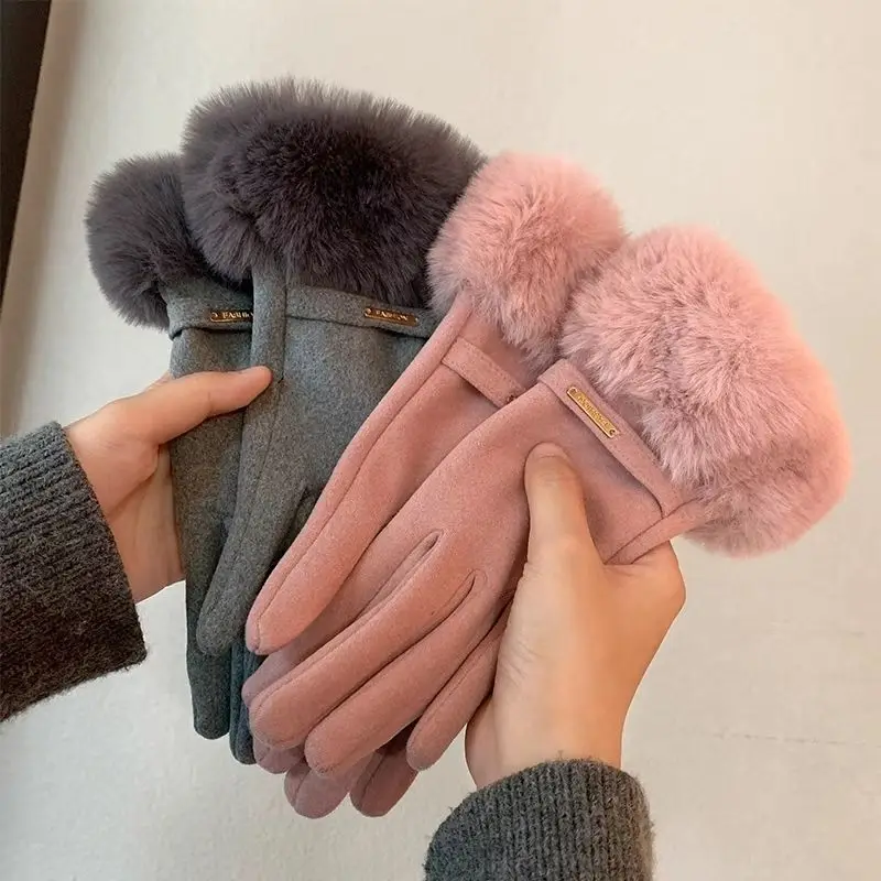 

Women Winter Keep Warm Touch Screen Plus Velvet Thicken Gloves Cycling Drive Elegant Bow Plush Wrist Anti Slip Windproof Gloves