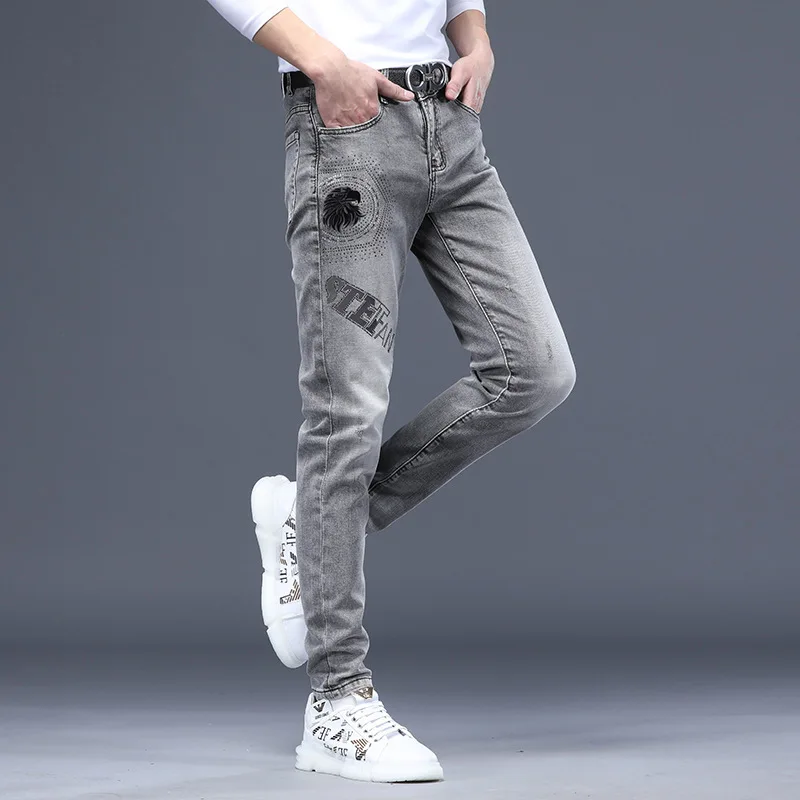 

2024new men's jeans Korean casual elastic slim fit skinny printed rhinestones fashion high-end affordable luxury gray trousers