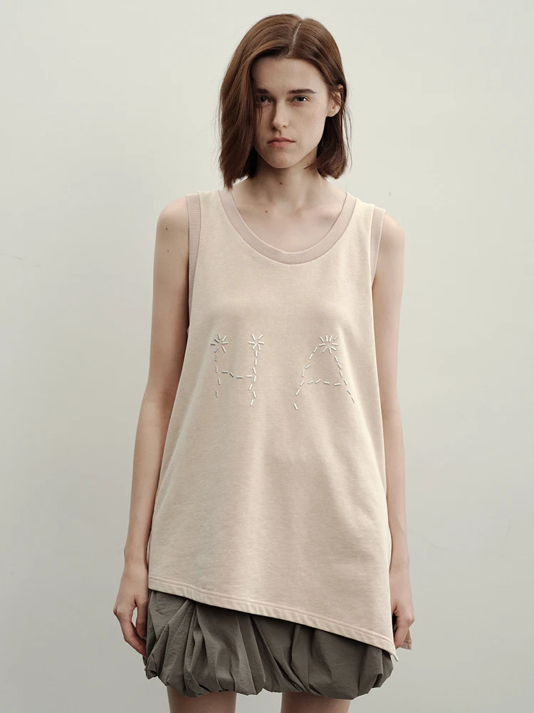 

Pink Weathered f Made Embroidered Loose Fit Cotton Polyester Blend Vest Regular Length Overhead Sle Pure Color Summer Fa...