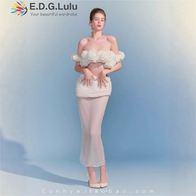

EDGLuLu New Two Piece Set 3d Flower Splicing Strapless Cropped Top+High Waisted Pleated Long Skirt Mesh Set Beach Vacation 0323