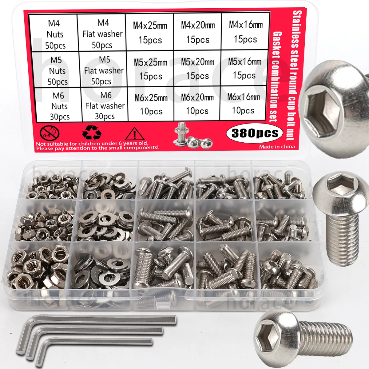 380-teiliges Set aus Innensechskantschrauben und Muttern aus Edelstahl, M4, M5, M6-Topfschrauben (mit Schraubenschlüssel)