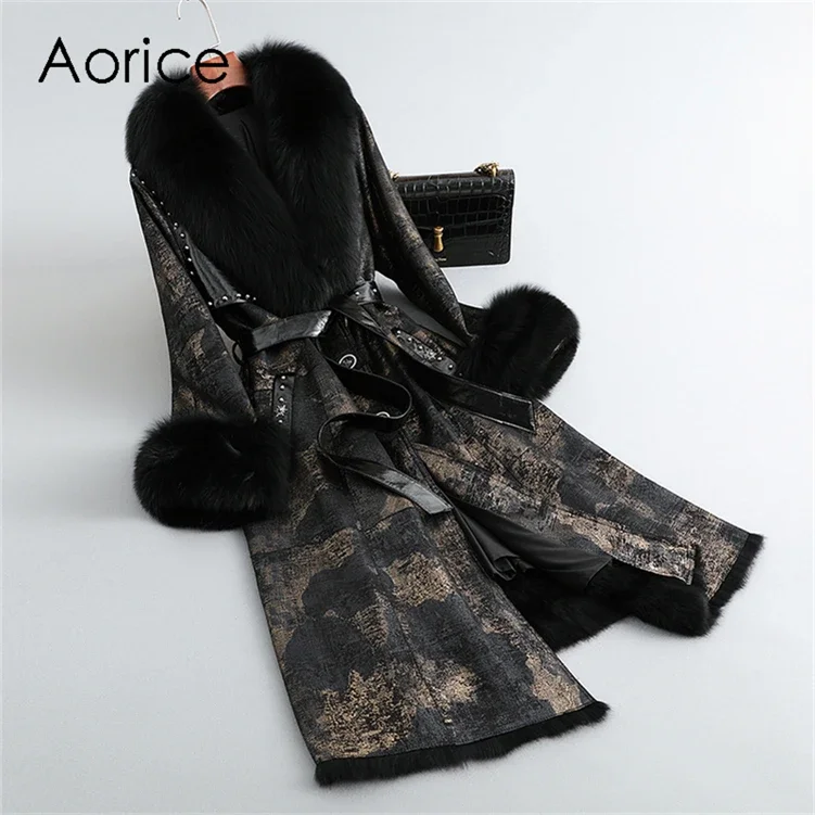 Winter Long Rabbit Fur Linging Coat Jacket Female Fox Fur Collar Coats Lady Over Size Parka Trench CT283