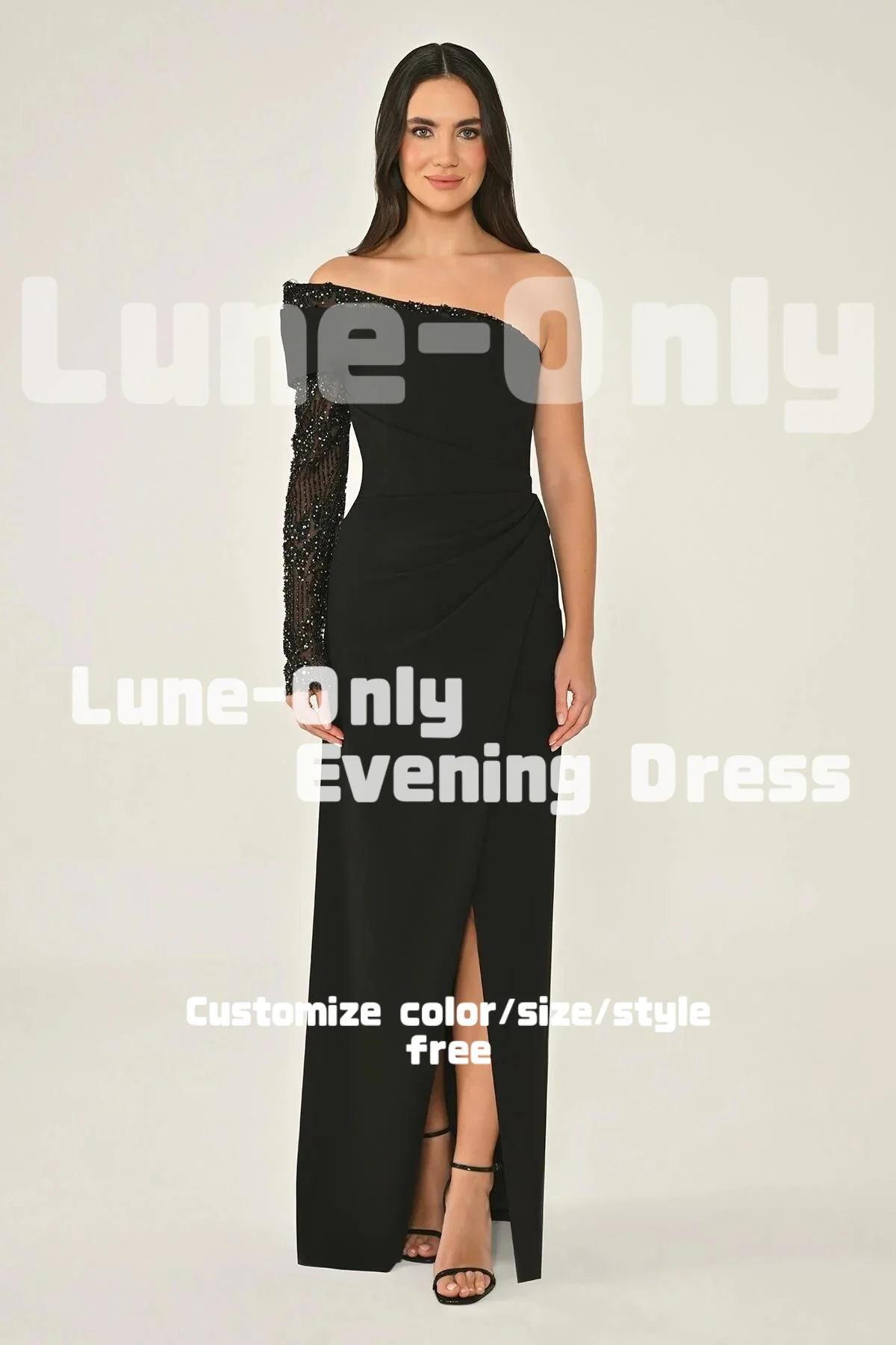 تخصيص بريق الترتر تول كم طويل واحد الكتف فساتين السهرة الفاخرة الجبهة الشق أنيقة حزب ثوب حفلة موسيقية اللباس الرسمي #2