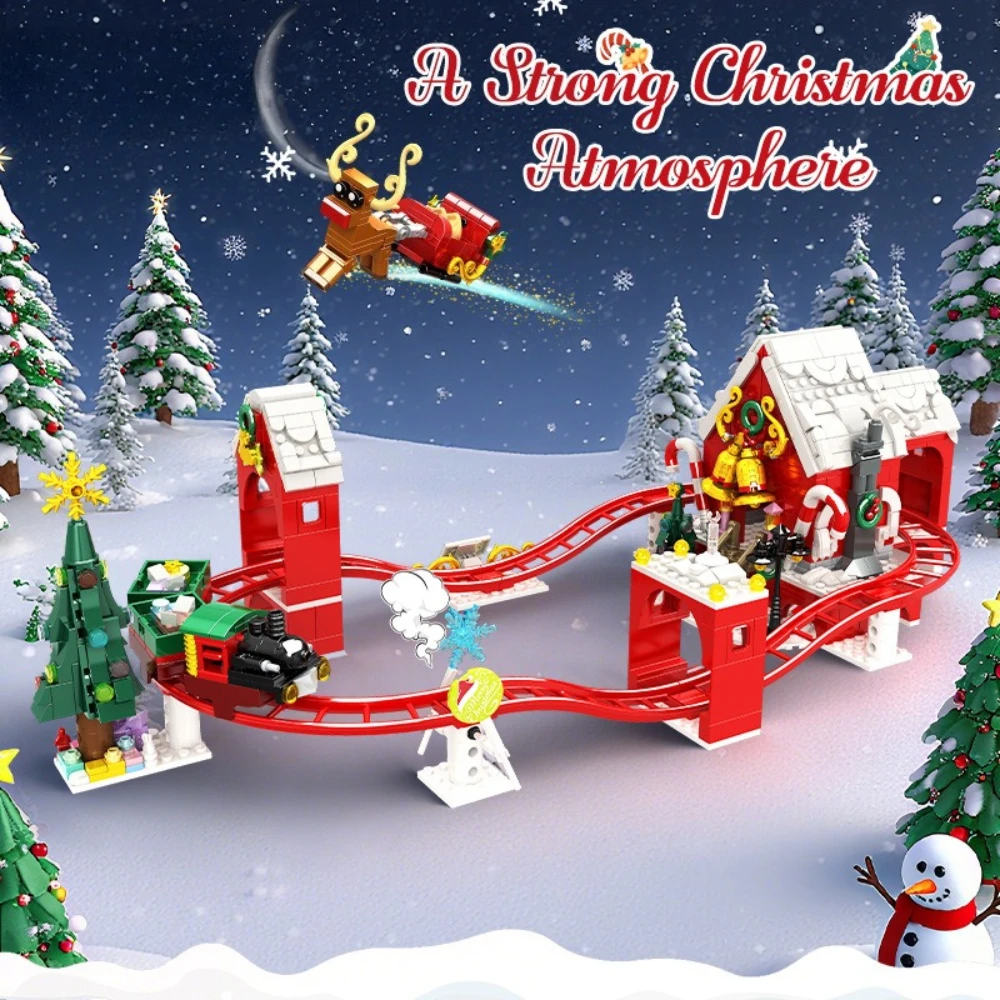 ชุดตัวต่อ MOC รถไฟคริสต์มาส รถสกู๊ตเตอร์ สนามเด็กเล่น โมเดลตัวต่อ ตุ๊กตาหิมะ ต้นคริสต์มาส ของเล่นเทศกาล ของขวัญพิเศษสำหรับเด็กช่วงคริสต์มาส