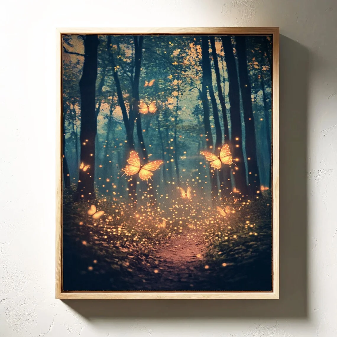 Magical Forest Path with Glowing Butterflies: Mystical Canvas Wall Art for Whimsical Nature-Inspired Home Décor