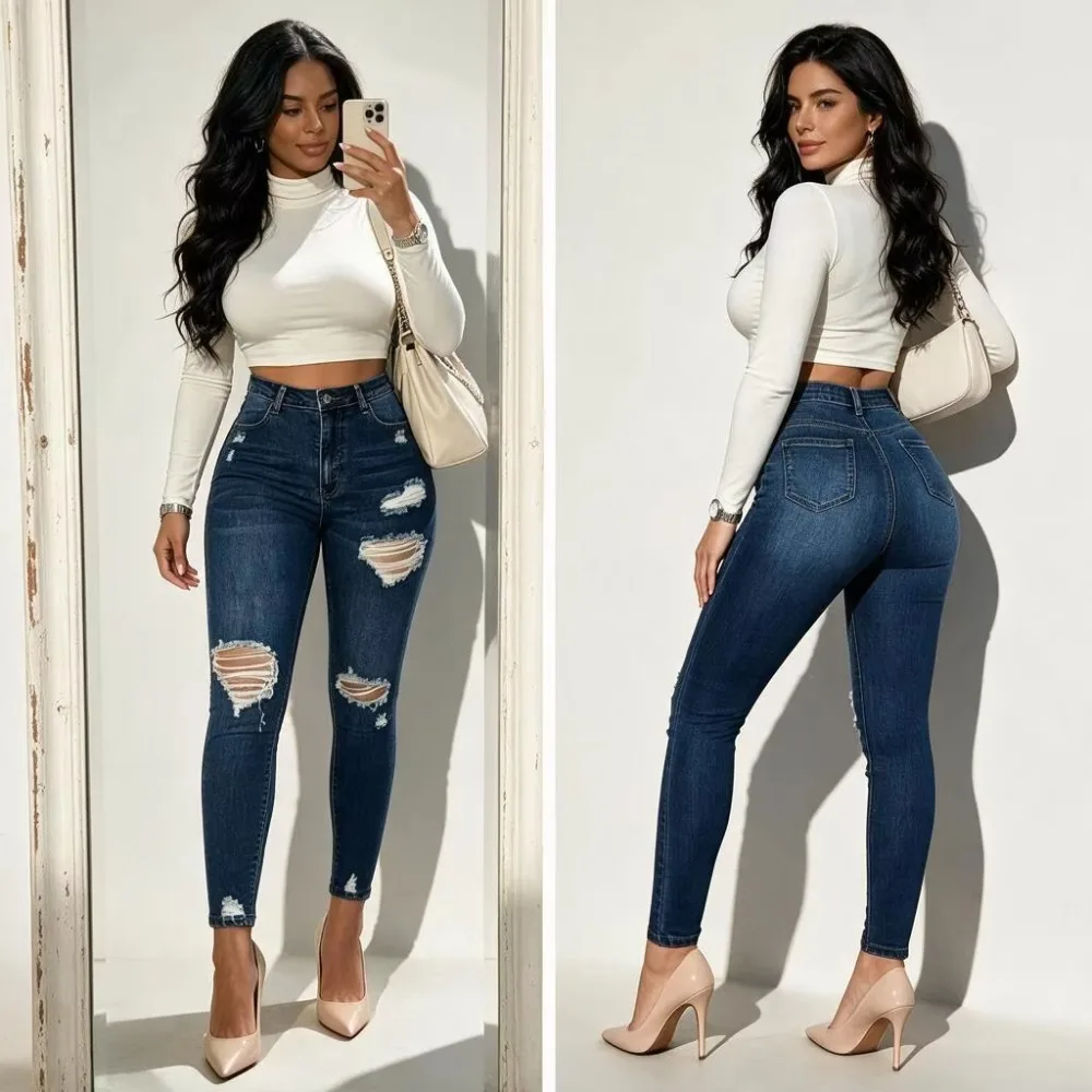 2026 Destroyed Hole Denim Jeans Woman Slim Fit High Waist Pencil Pants Vintage Washed Blue Denim Trousers Streetwear XS-XL