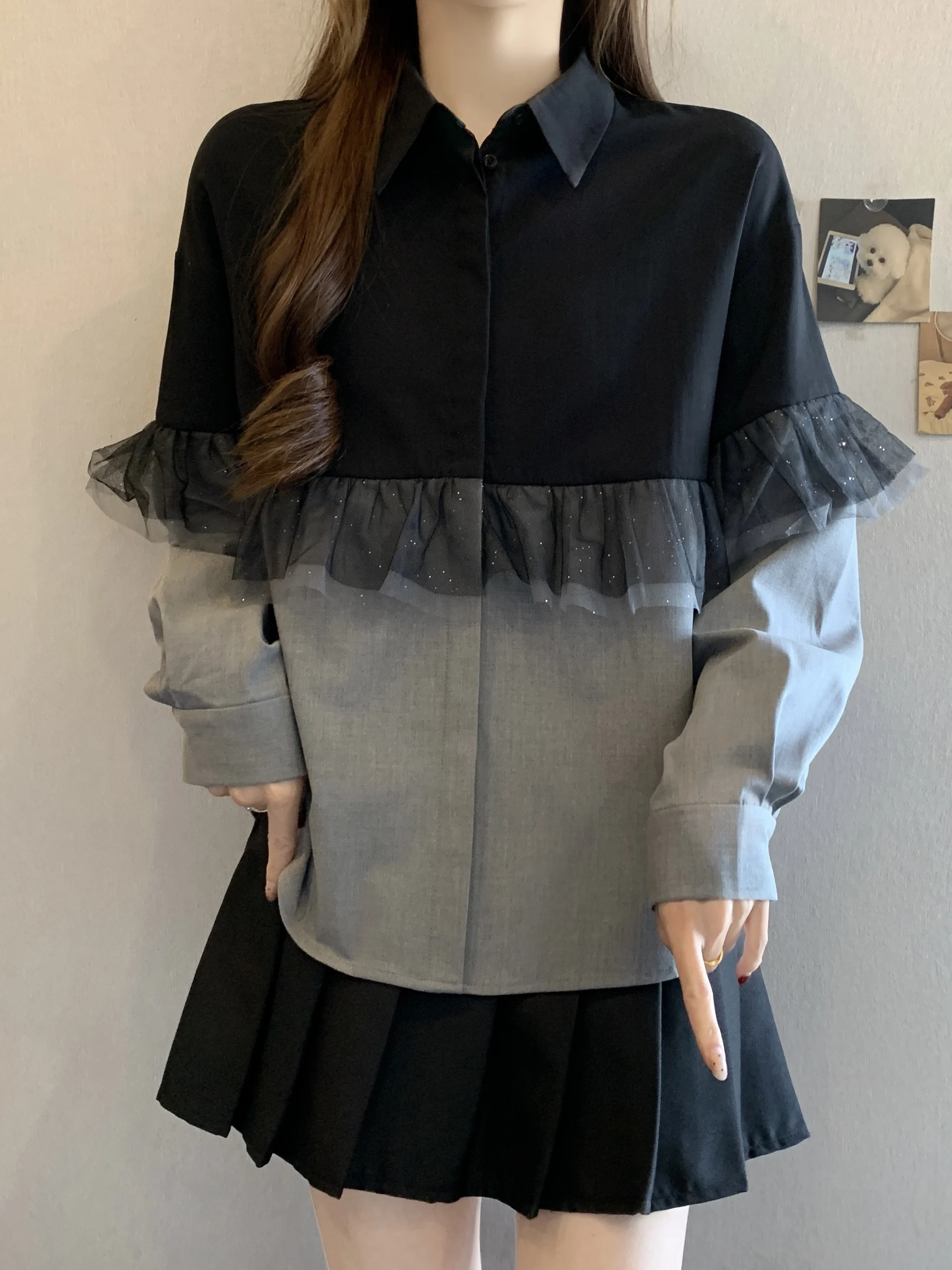 

Модная женская блузка с длинным рукавом, цветными блоками и отложным воротником, повседневная, больших размеров, уникальная, весна 2026