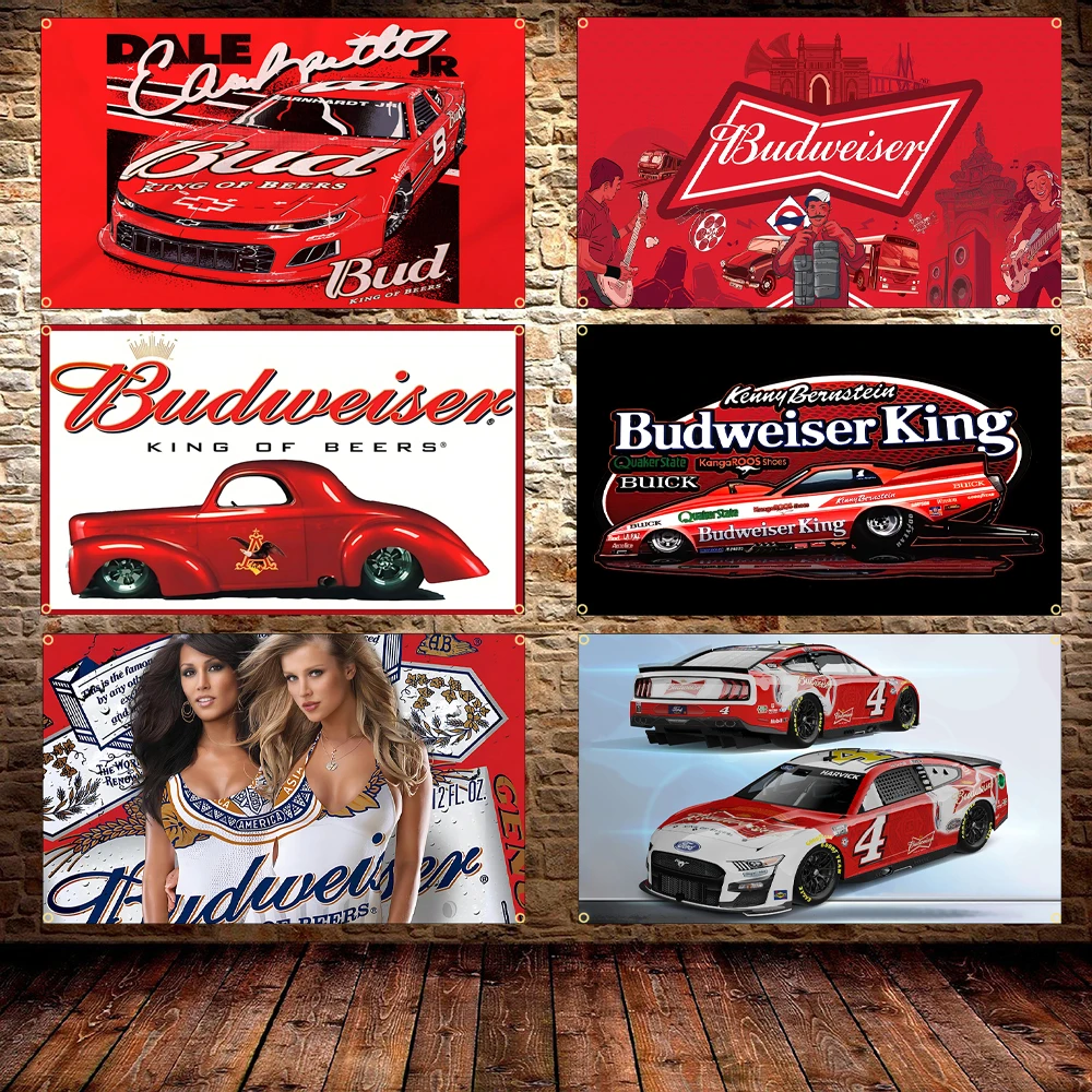 Banderas Divertidas de Budweiser con Diseño de Coche de Carreras, para Dormitorios, Decoración de Garaje, Artículos Decorativos para el Hogar, Publicidad, Barbería