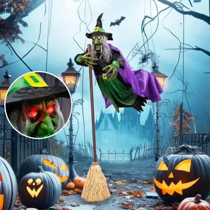 

Halloween Flying Broomstick Witch Hanging Glowing White Hair Broom Witch Fluttering Voice-Activated Witch Horror Pendant