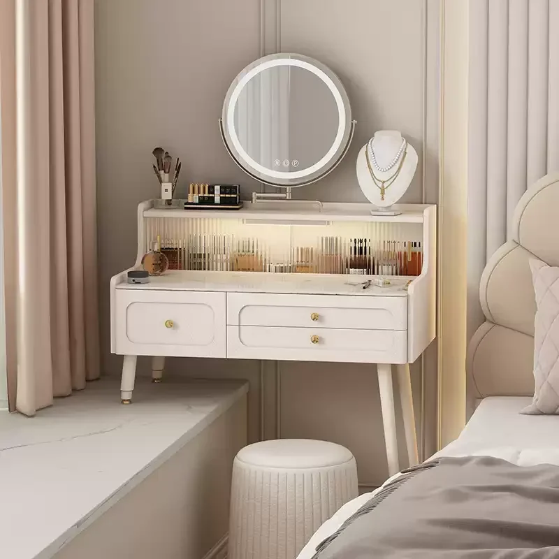 Cream wind small apartment bedroom with half bay window dresser high and low foot extension French retractable makeup table