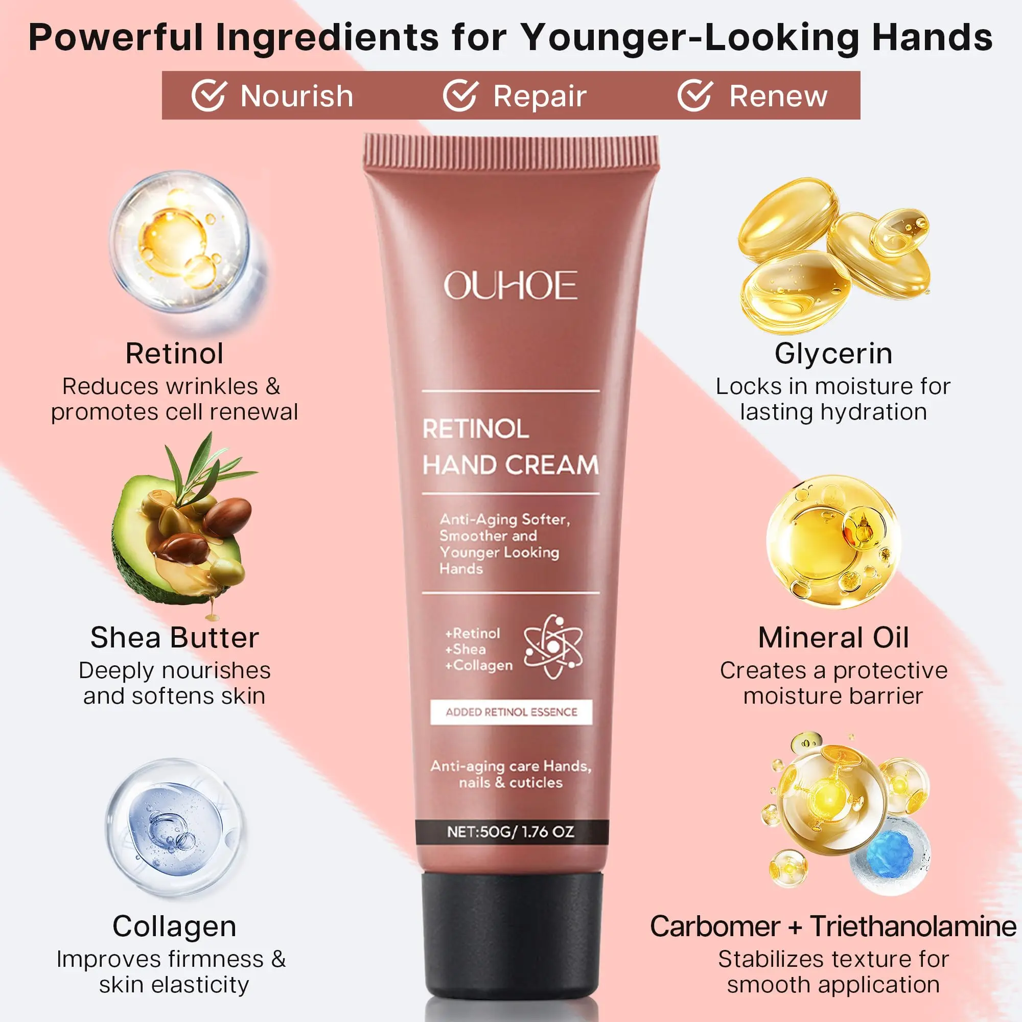 

OUHOE Retinol Hand Cream with Shea Butter & Collagen - Anti-Aging Moisturizer for Soft Smooth Skin, Nails & Cuticles