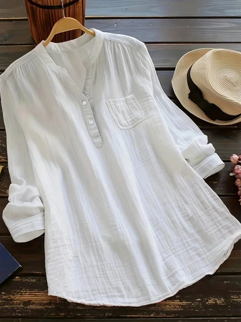 Plus Size 1XL-5XL Women's Casual Lapel Shirt Solid Color Long Sleeved Shirt Fashion Button Up Shirt image 3
