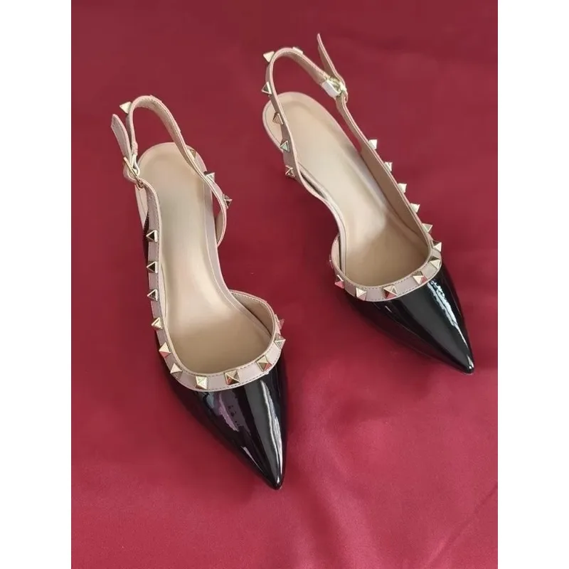

Sharp rivet straight strap high heels for women 2025 new sexy slim heel with empty sheepskin back, not tiring toe cap sandals