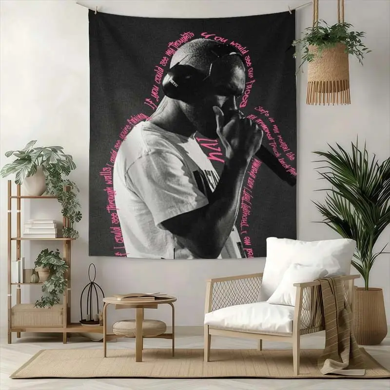 VIKAMA Black White Rap Singer Pink Word Surrounding Portrait Tapestry, Street Style Wall Hanging for Trendy Decor