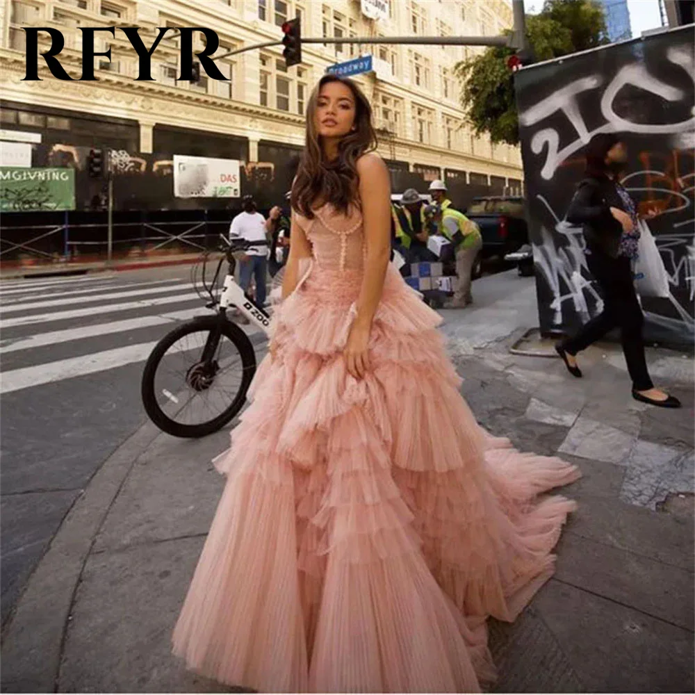 

RFYR Dusty Pink 2024فستان سهرة Sweetheart Evening Dresses Ruffles Ball Gowns for Women Tiered A-Line Tulle Robe De Soirée