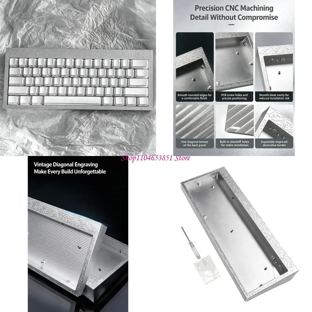 Mechanical Keyboard Build Case in Aluminum, Raised Border Pattern and Internal Posts for EV63 GH60 Desktop Keyboard Arrangement 
