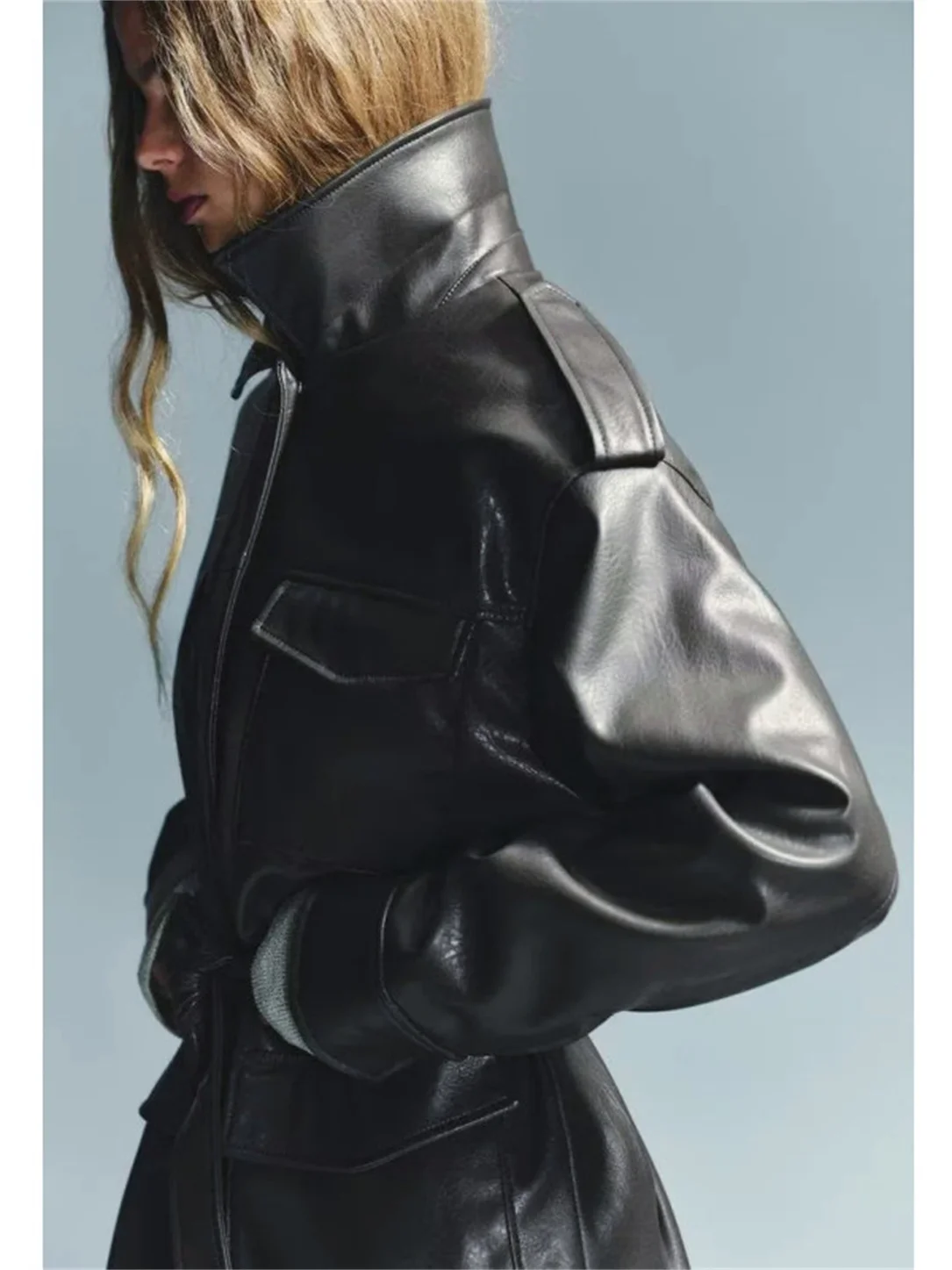 Nuevo otoño mujer Casual Sle Faionable cuero Jaet abrigo con cinturón Material de cuero PU diseño de cremallera larga Sve