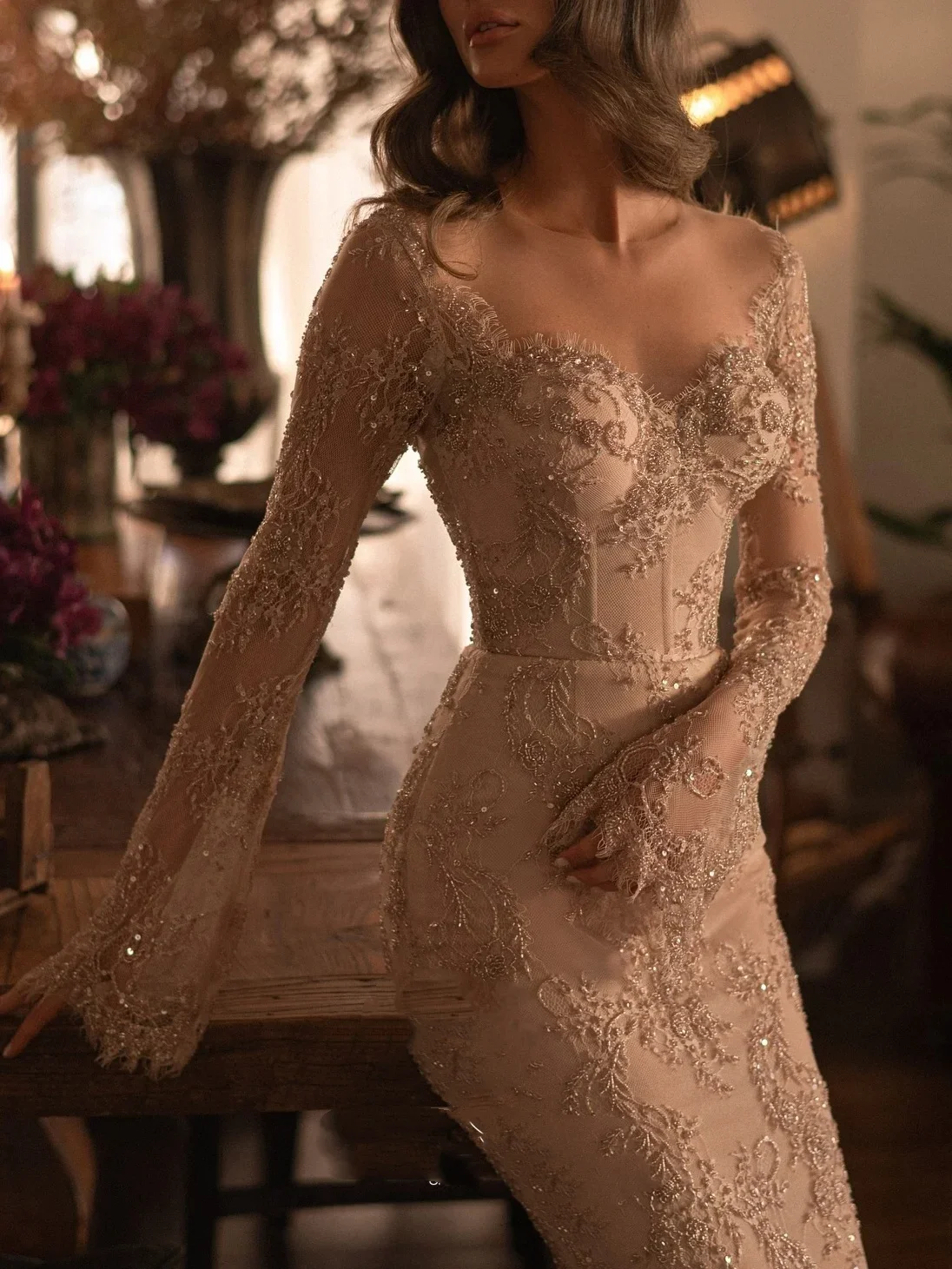 Flavinke Customized Vintage Lace Champagne Mermaid Wedding Dresses 2025 for Women Sheer Long Sleeves Beading Bridal Gowns
