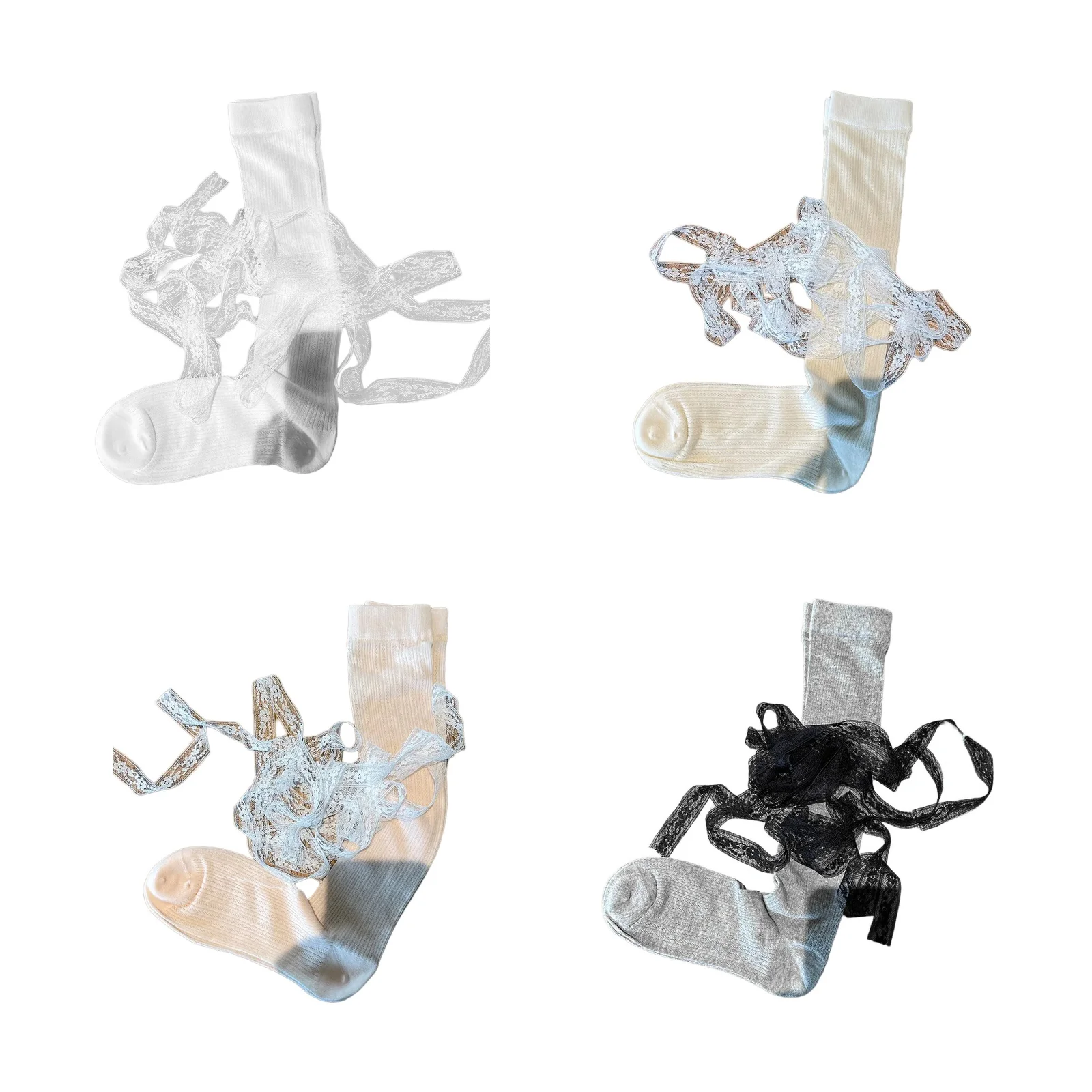 

White, beige, pink and gray lace calf socks four-color combination set