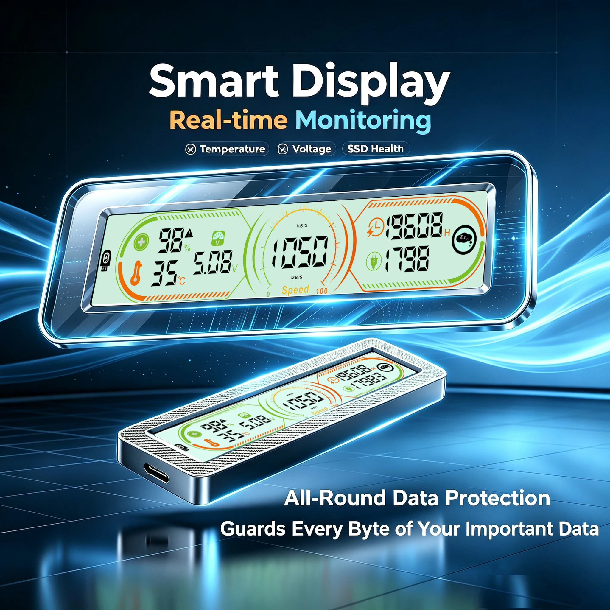 10Gbps M.2 SSD Enclosure Smart Display NVMe/SATA External SSD Case Real-time Health Monitor Portable Solid State Drive Box