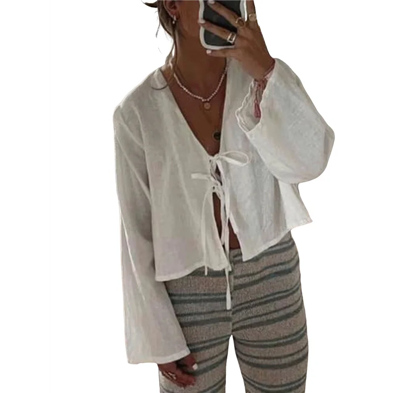 CGS-Tie devant hauts pour femmes Y2K chemises en coton manches évasées col en V vêtements décontracté à lacets nœud-blemisiers