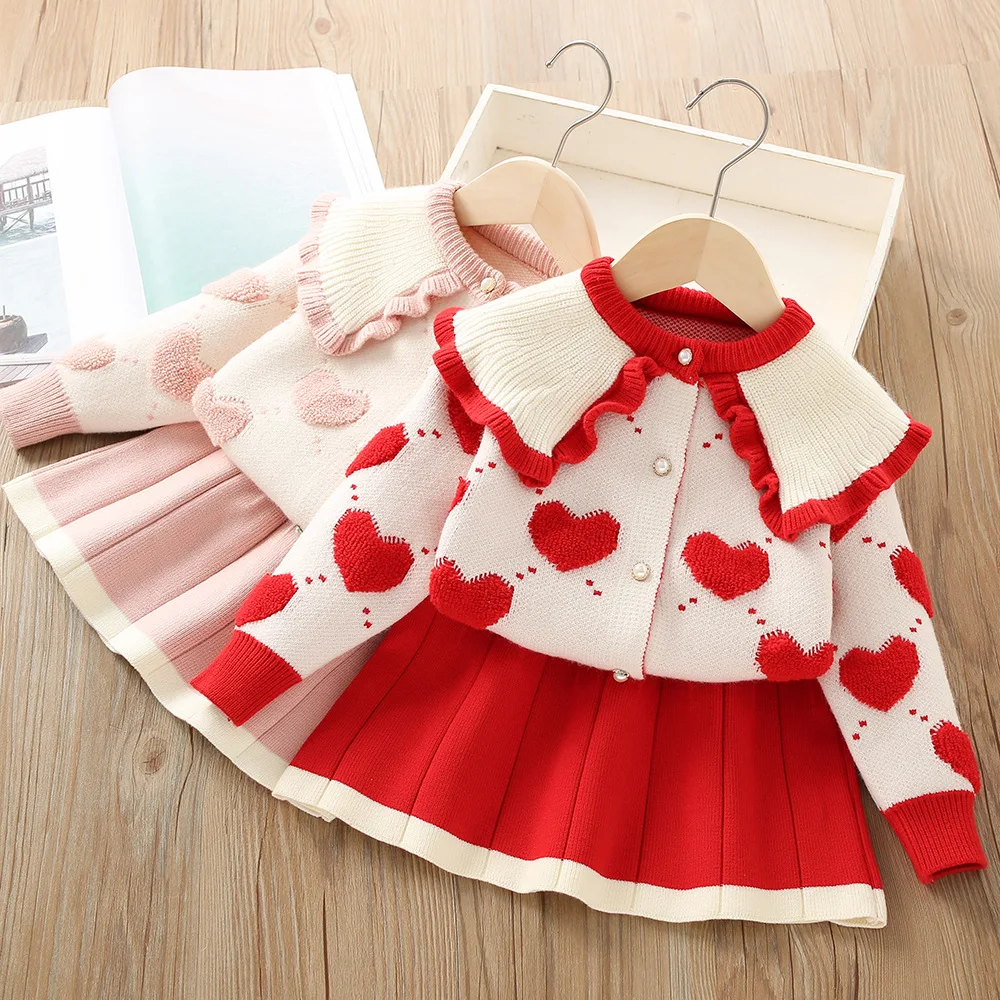 

Girls Sweater Dress Set Cute Girl Knitted Skirt Children Autumn Clothing Kawaii Skirt Dress Heart Print Two-piece Princess Dress