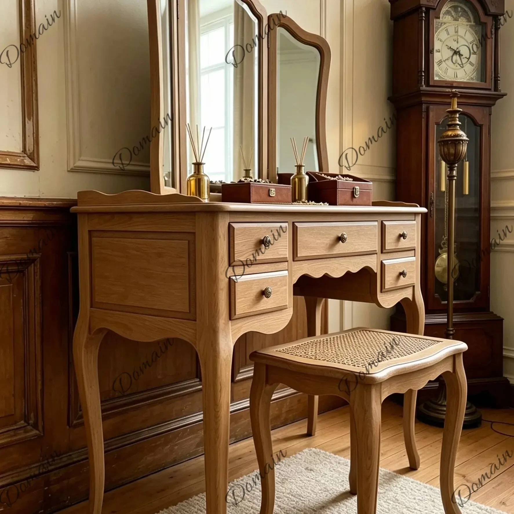 N 41 American country solid wood dresser with mirror bedroom rattan makeup table set French retro furniture with mirror