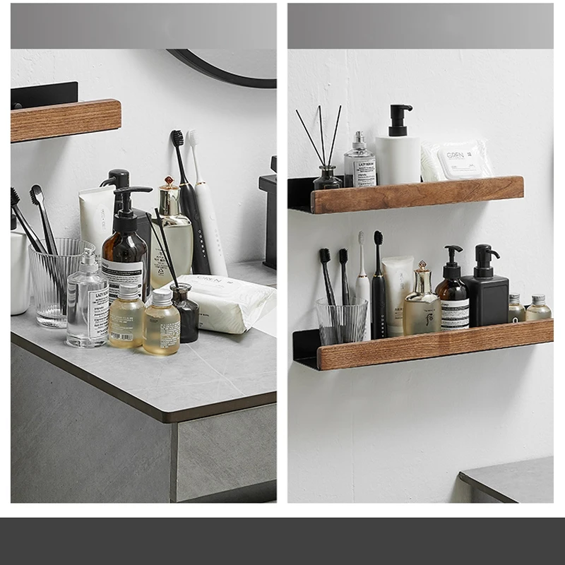 Bathroom Rack Wall-mounted Shower Room Toilet  Nordic style Shelf Cosmetic Storage kitchen Multi-purpose Shelf Solid Wood