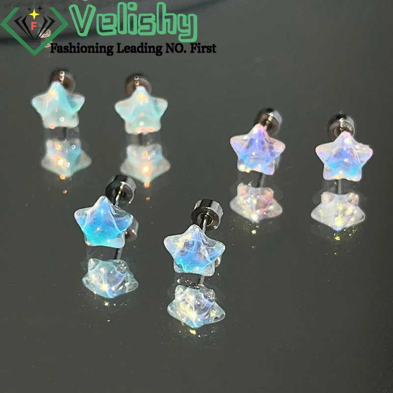 Piercings de estrella de pentagrama de resina brillante, anillos para labio, pendientes de uñas de hueso de oreja de acero inoxidable para mujer, joyería para el cuerpo con Piercing dulce bonito