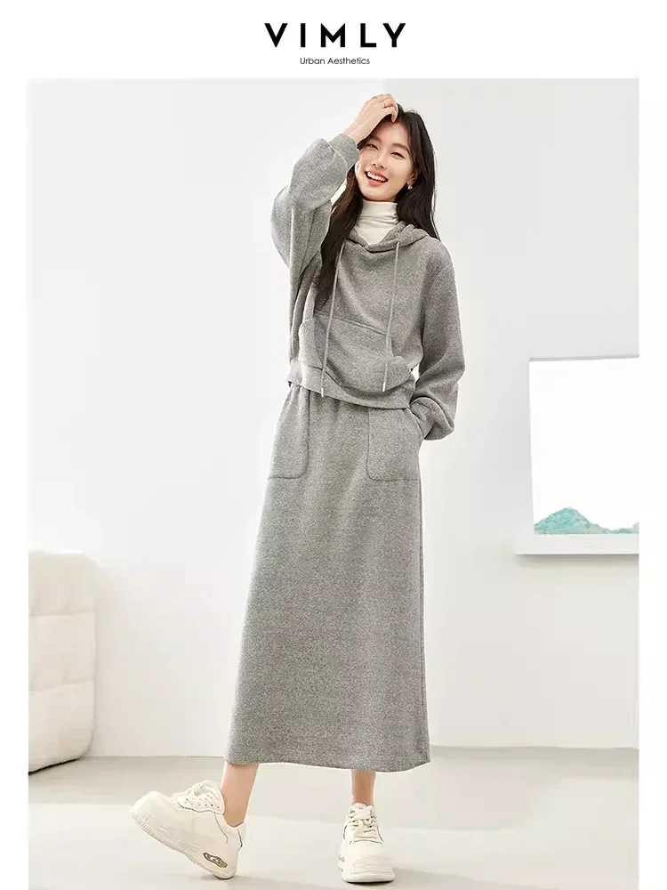 Vimly Casual Hoodie and Skirt Women's Sets 2 Piece Outfits 2024 Spring Hooded Sweatshirts Split Maxi Skirt Matching Sets 30058