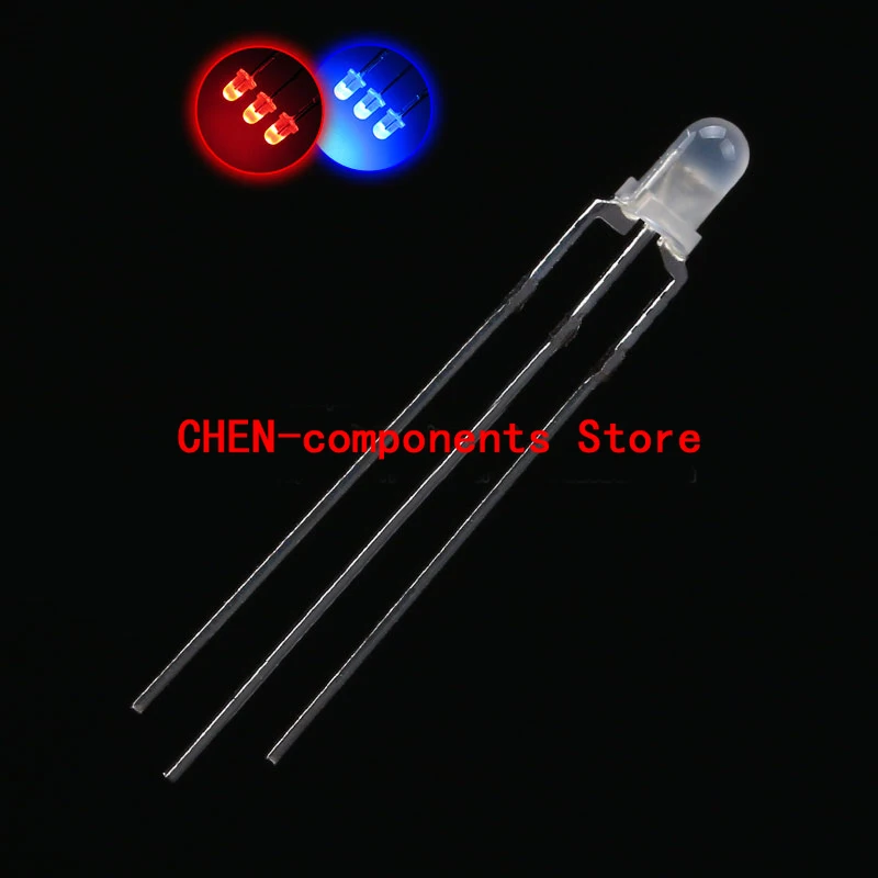 100PCS F3 3MM Fog-Like LED Red Blue Color Common Anode Common Cathode Light-Emitting Diode Indicator Light Two-Color Light