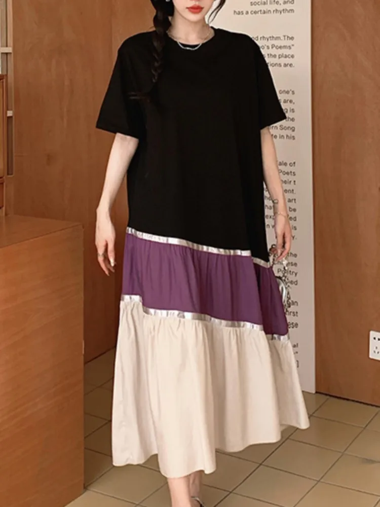 특대 Pletaed 패치 워크 T 셔츠 여성 드레스 여름 Striepd 빈티지 짧은 드레스 여성 한국 숙녀 드레스 Vestidos