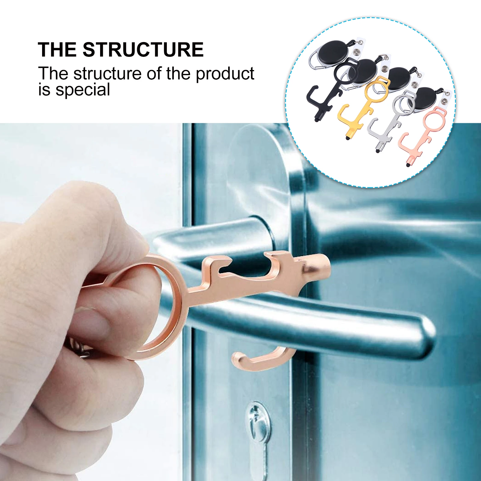 

4Pcs Multifunctional No Touch Door Opener Kit Bottle Opener Retractable Keychain Safe Touch Hand Free Touchless Door Tool