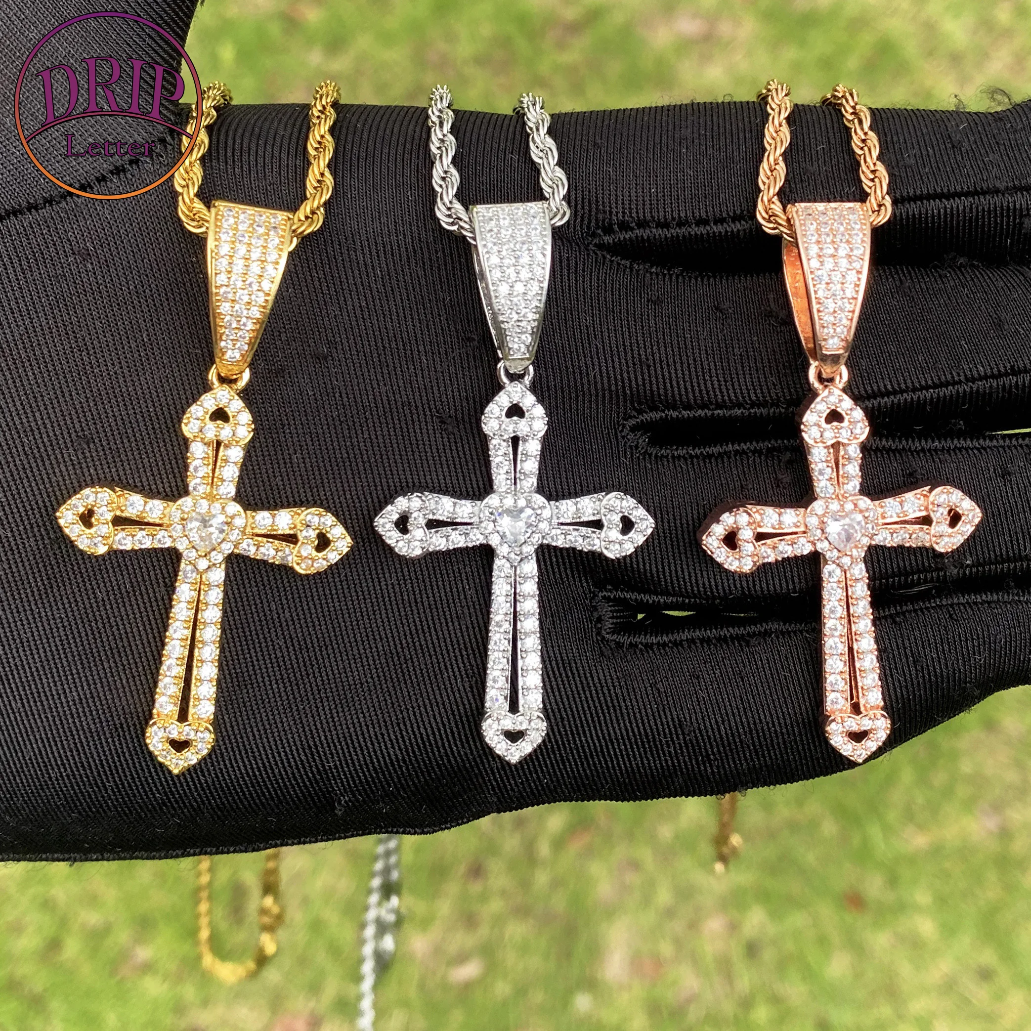 

Drip Letter Iced Out Cross Heart Pendant Necklace for Women Gold Plated Cubic Zirconia Hip Hop Jewelry