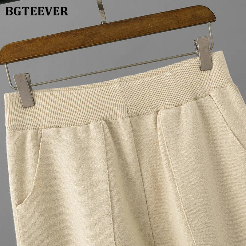 BGTEEVER Casual Female Knitted Outfits Long Sleeve O-neck Sweaters Women Harem Pants Winter Warm 2 Pieces Set