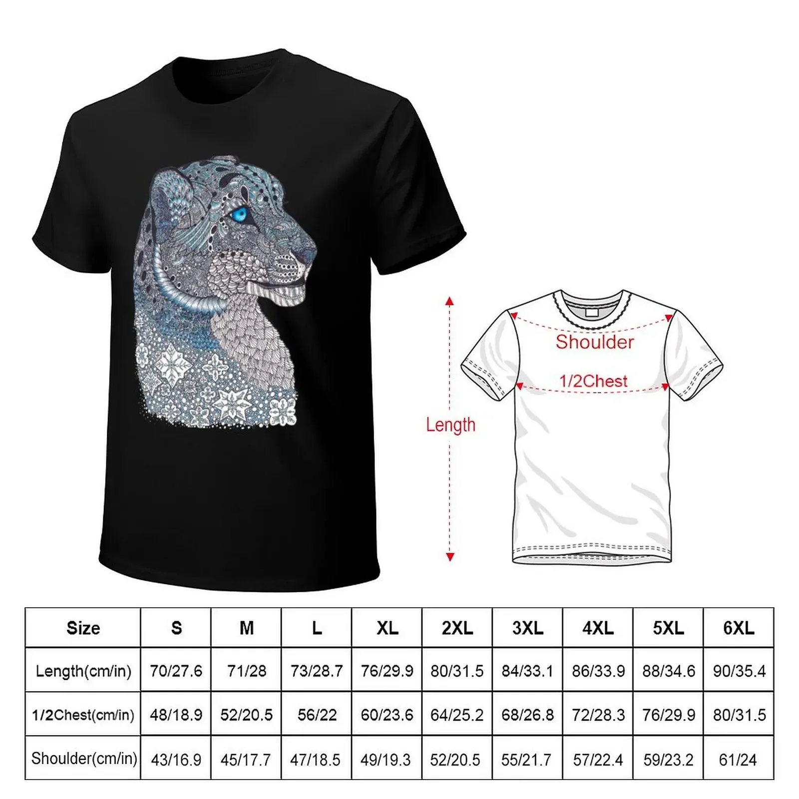 Blue Zentangle Snow Leopard and Snowflakes T-Shirt blanks anime clothes anime stuff vintage clothes Short sleeve tee men