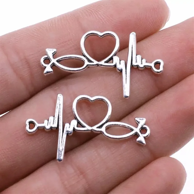 120 Stück antiksilberfarbene Elektrokardiogramm-Stecker, 34 x 19 mm, für Halsketten, Schmuckherstellung, A14246 – Detail 3