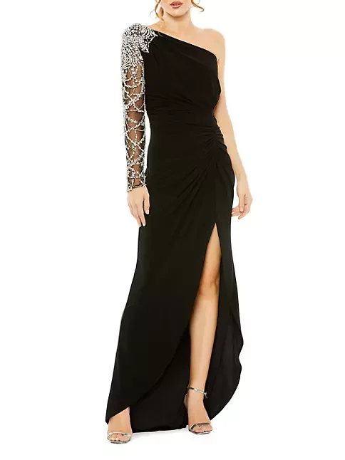 

Sexy Asymmetric Crystal-Embellished Gown Crystal Mesh See Through Maxi Dress New Women Long Sleeve Birthday Night Clubwear Dress