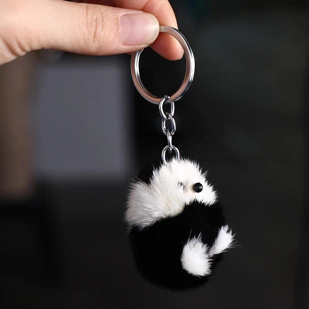 Mink Fur Panda Keychain Mini Mink Pendant Plush Mink Keyring Korean Style Black White Plush Stuffed Animal Cute Bag Pendant