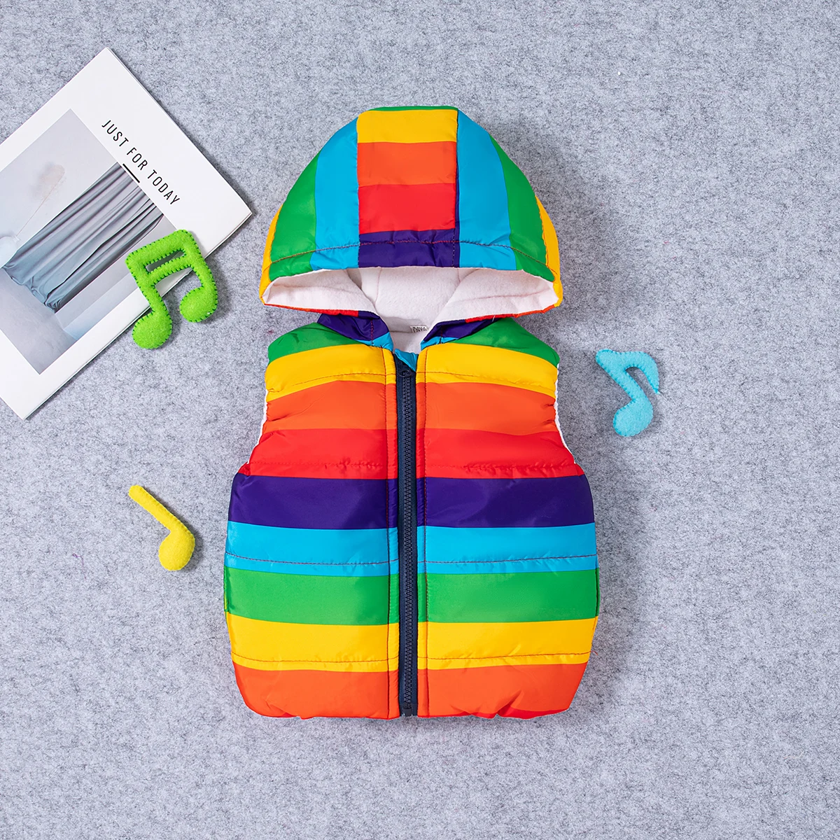 Baby Girl Vest Rainbow Striped Hooded Sleeveless Zip Vest Fall Winter Warm Outerwear for 0-4Y Girls Daily Wear