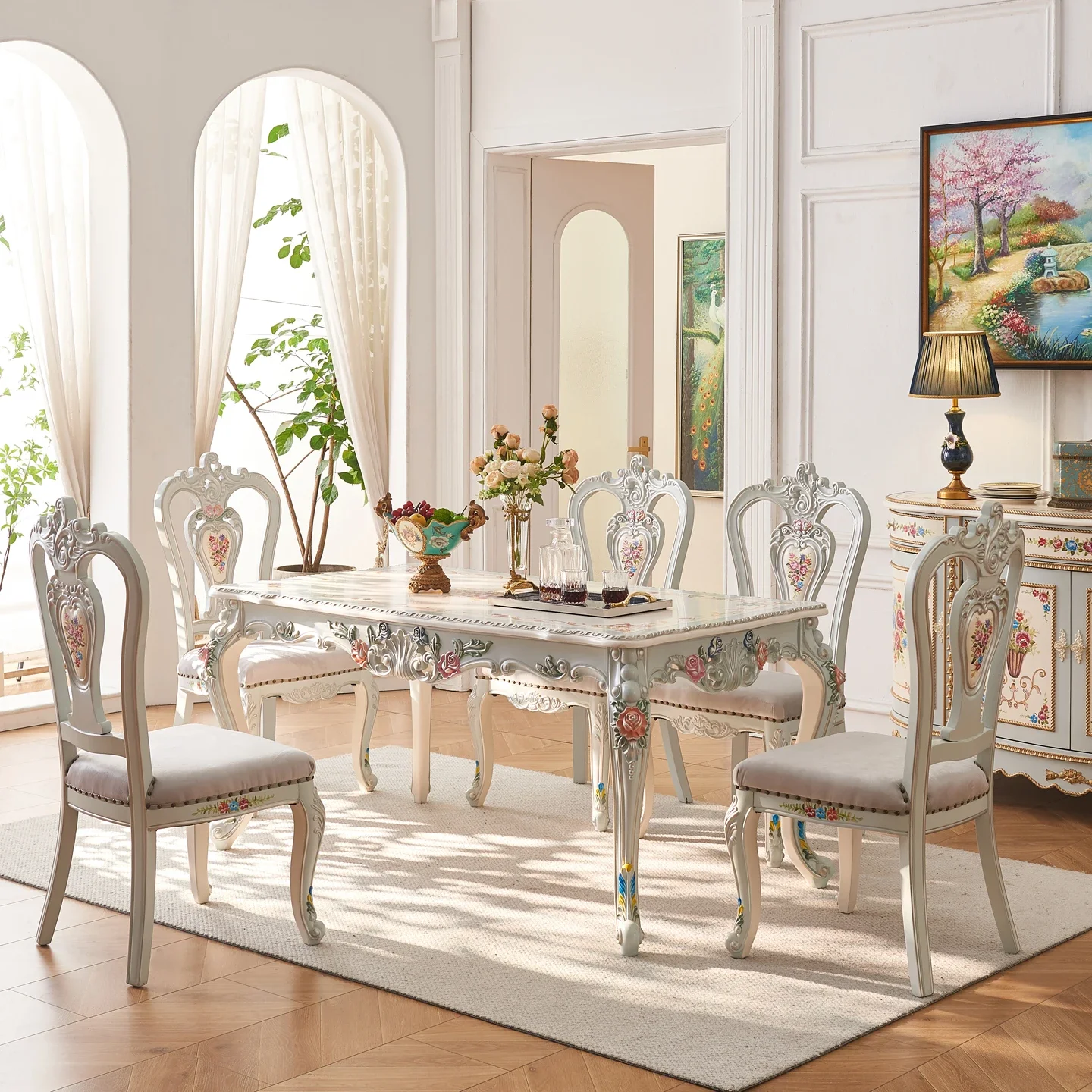 Rectangle Painted Rose Home Restaurant Upscale Eating Table