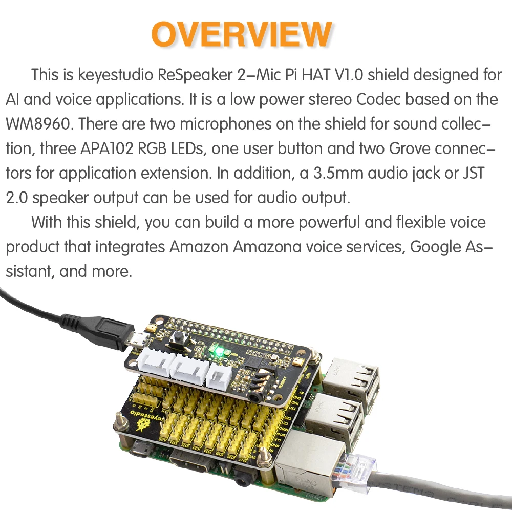 Kidsbits ReSpeaker 5V Expansion Board 2-Mic Pi HAT V1.0 Two Microphones Compliant W/B+/3B+/3B For Raspberry Pi 4B +CE