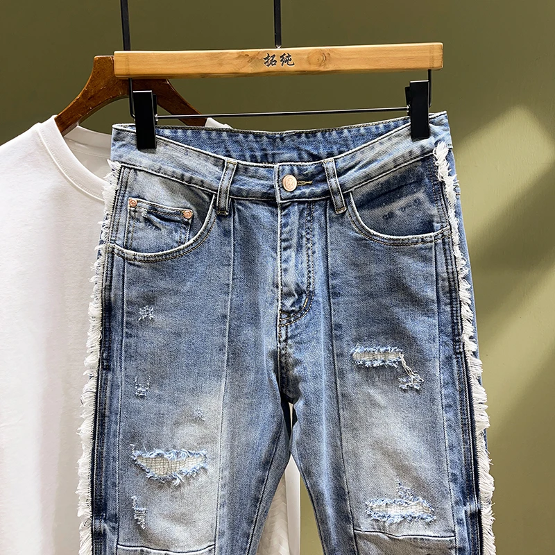 High-end Personality Splicing Raw Edge Hole Men's Jeans Influx Of Elastic Slim Embroidery Patches Small Leg Pants